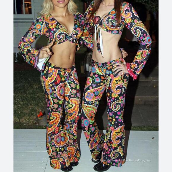 Colorful Groovy 70s Style Hippie Psychedelic Bell Bottom Pants Crop Top Set M/L - Picture 1 of 7
